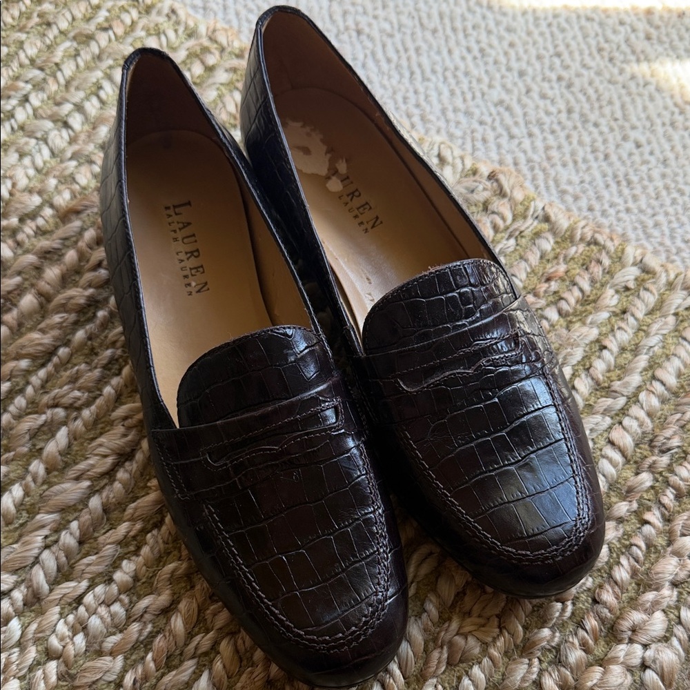 Lauren Ralph Lauren Croc-Embossed Chocolate Brown Leather Loafers Women’s